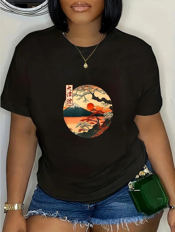 cotton Japanese Red Sunset Gunpla brand mountain Asian Fuji Kanji Japan art T-Shirt casual Fashion graphic tees for women...
