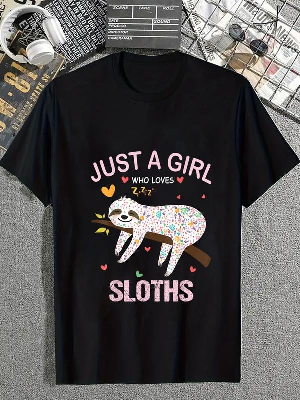 cotton Just WB shield Girl Who Loves Sloths T-Shirt Gift For Sloths Lover T-Shirt casual Fashion graphic tees for women...