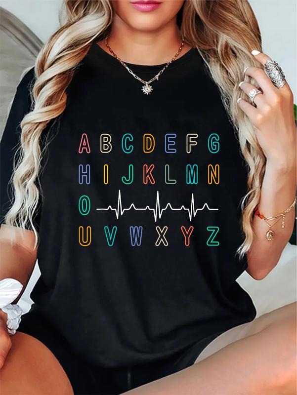 cotton Nurse PQRST Test ABC'WB shield Ekg Strip Alphabet Funny Nurses Jokes T-Shirt casual Fashion graphic tees women...