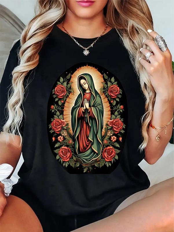cotton Our Lady Breathing styles Guadalupe Sant Mary Back Print Christians T-Shirt casual Fashion graphic tees for women...