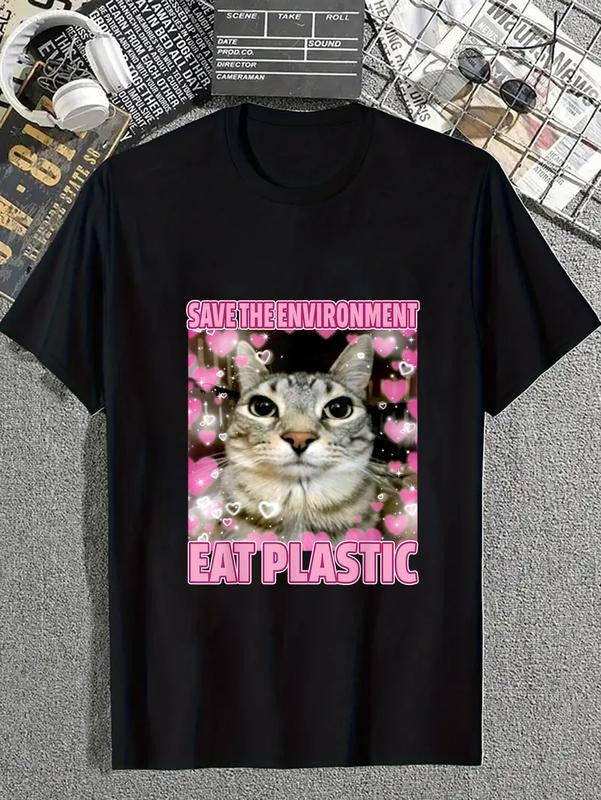 cotton Save TNF Environment Eat Plastic Cat Cute silly Mouthless cat meme T-Shirt casual Fashion graphic tees for women...