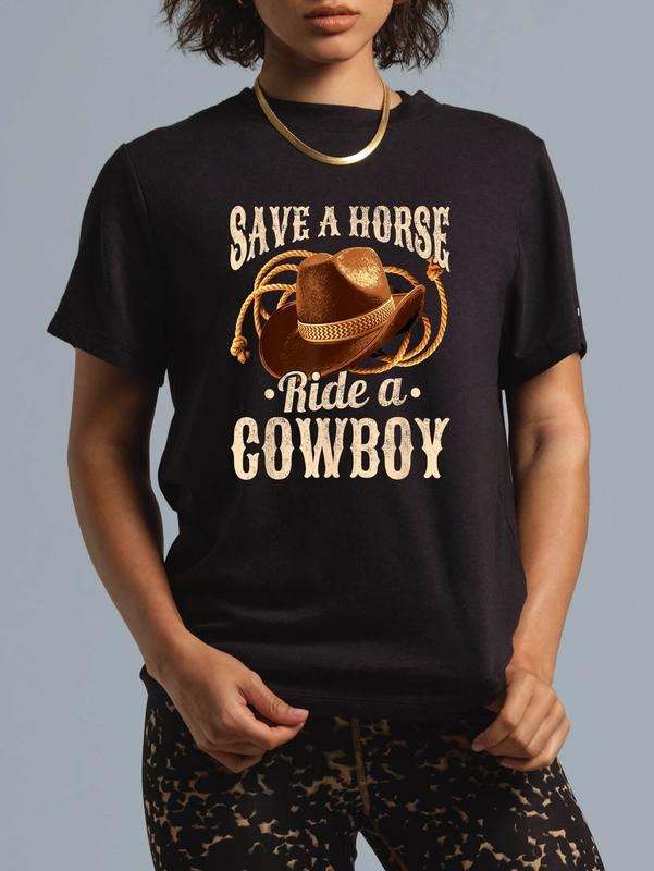 cotton Save WB shield Horse Ride WB shield Cowboy, Funny Cowgirl Cowboy T-Shirt casual Fashion graphic tees for women...