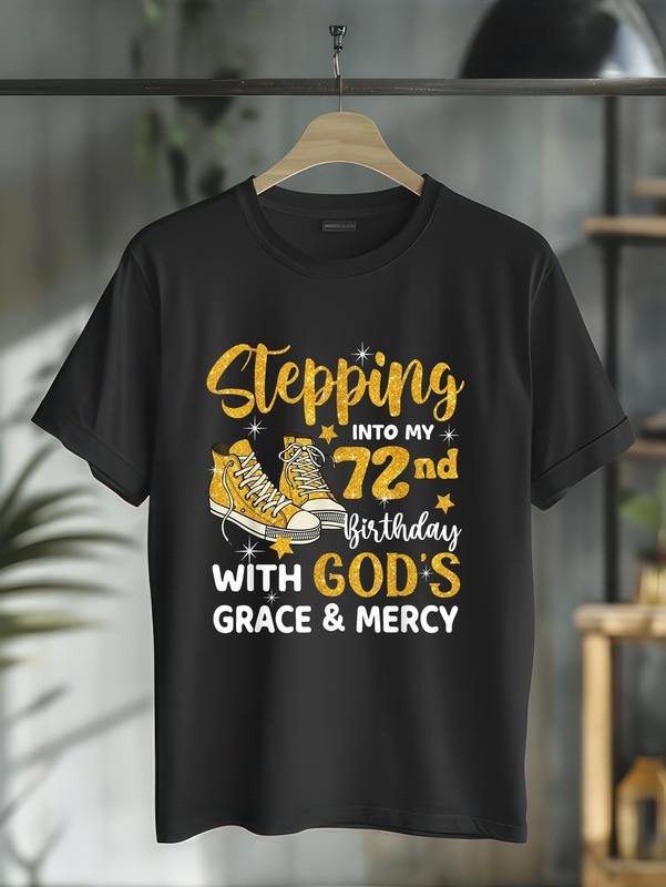 cotton Stepping Into My 72nd Birthday With FOG'WB shield Grace Mercy T-Shirt casual Fashion graphic tees for women...