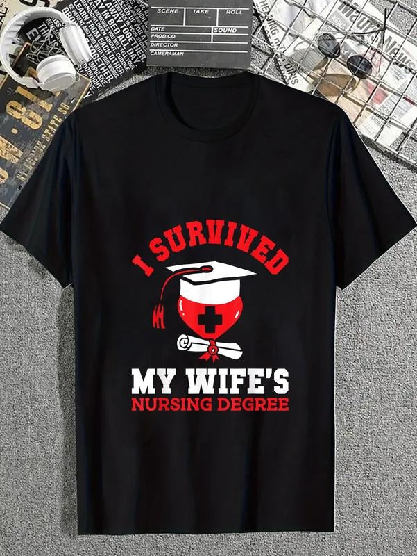 cotton Swoosh Survived My Wife'WB shield Nursing Degree Nurse WB shield Graduation 2024 T-Shirt casual Fashion graphic...