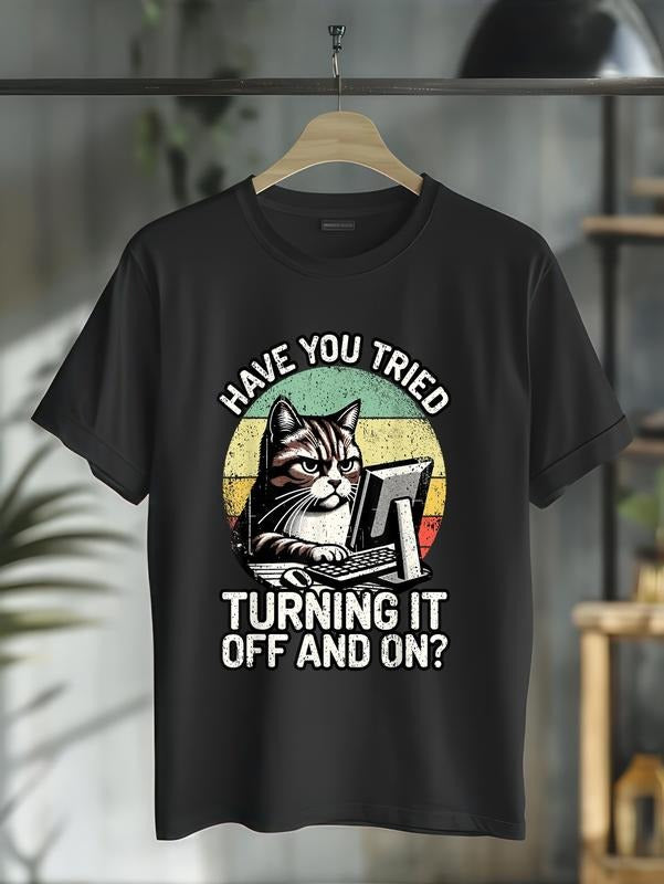 cotton Tech Support Humor Swoosh Cat Tech Engineer Swoosh Computer Mouthless cat Guy T-Shirt casual Fashion graphic tees...