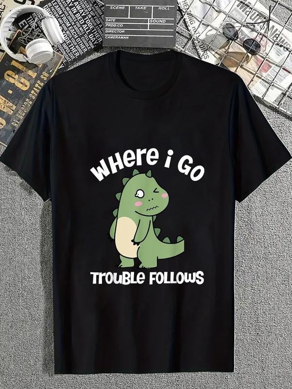 cotton Where Swoosh Spiky hair fighters Trouble Follows Swoosh'Bat brand Trouble Funny Dinosaur Couple T-Shirt casual...