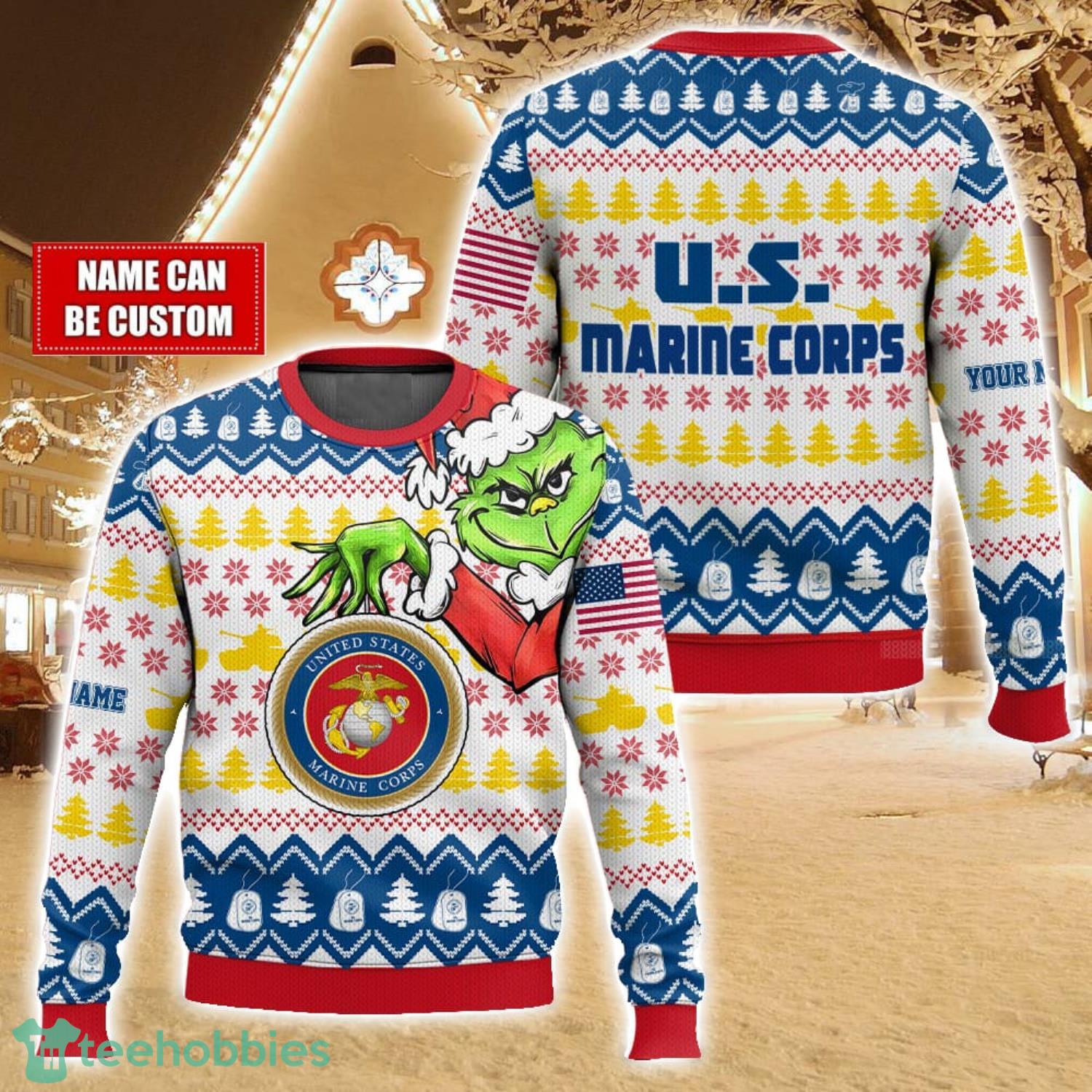 Custom Name Face Grinch x US Marines Ugly Christmas Sweater Christmas Gift For Family Holiday Gift