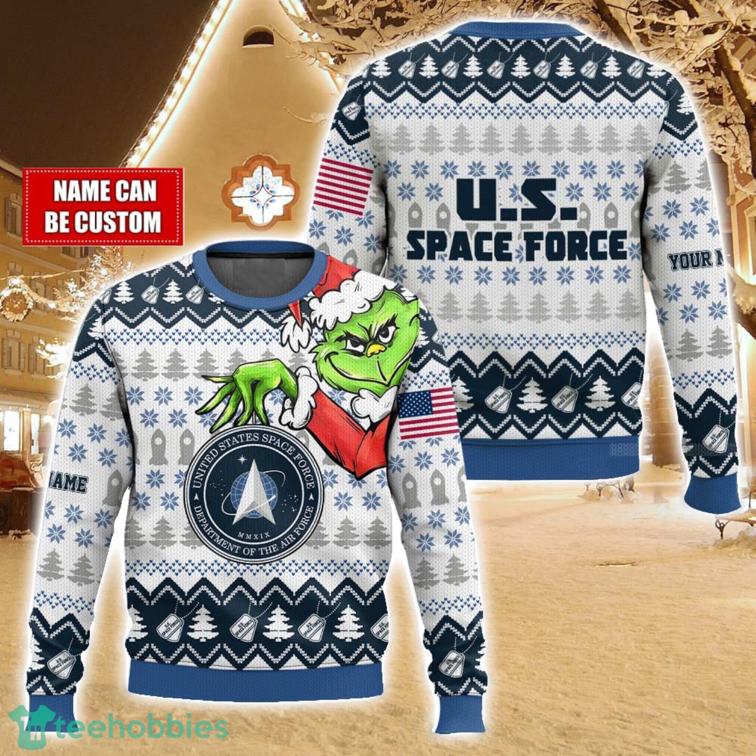 Custom Name Face Grinch x US Space Force Ugly Christmas Sweater Christmas Gift For Family Holiday Gift