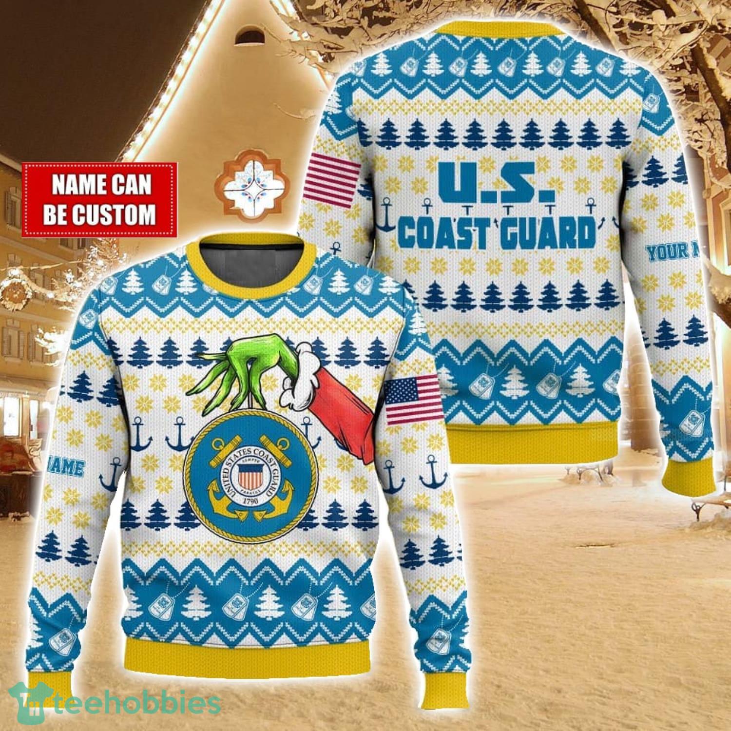 Custom Name Hand Grinch x US Coast Guard Ugly Christmas Sweater Christmas Gift For Family Holiday Gift