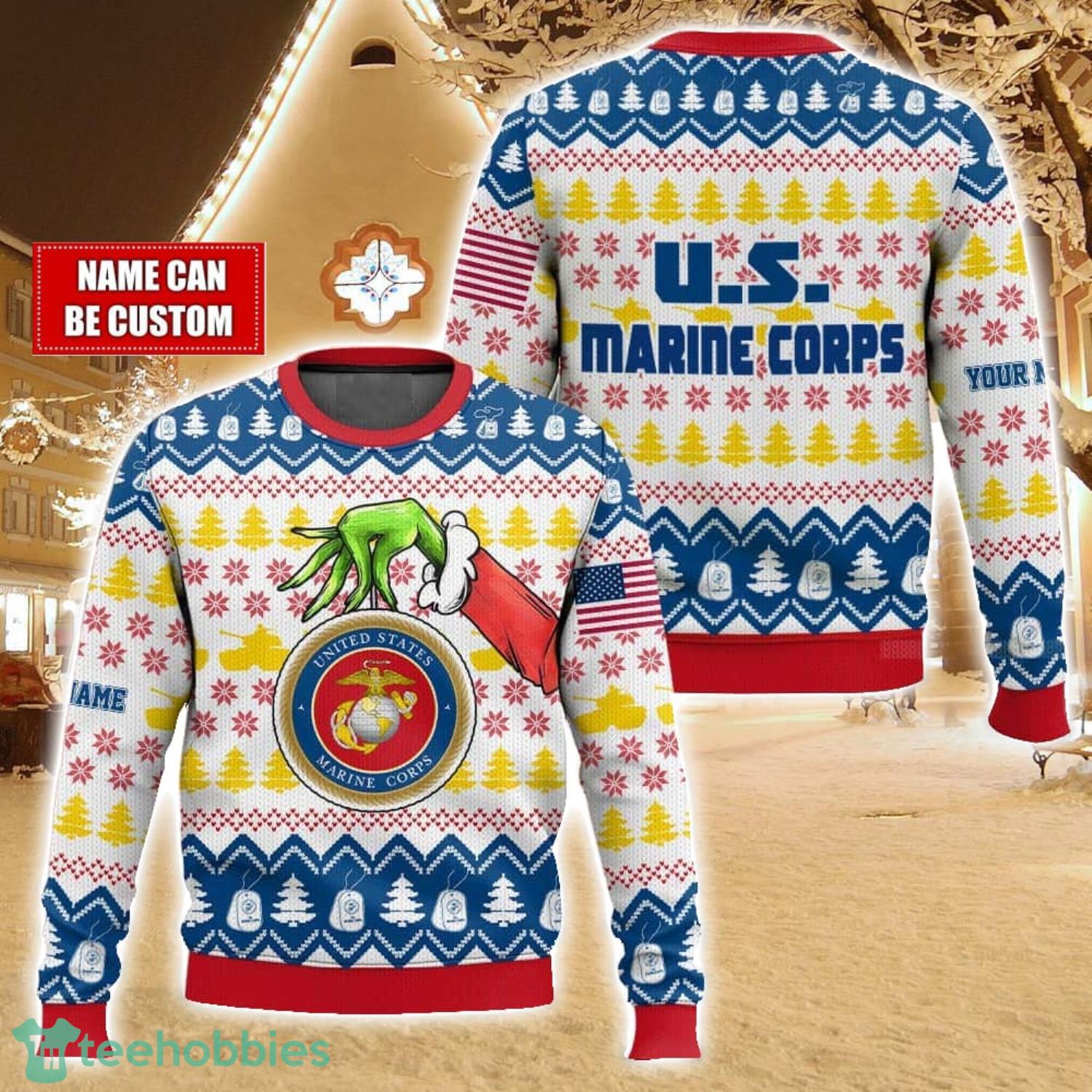 Custom Name Hand Grinch x US Marines Ugly Christmas Sweater Christmas Gift For Family Holiday Gift