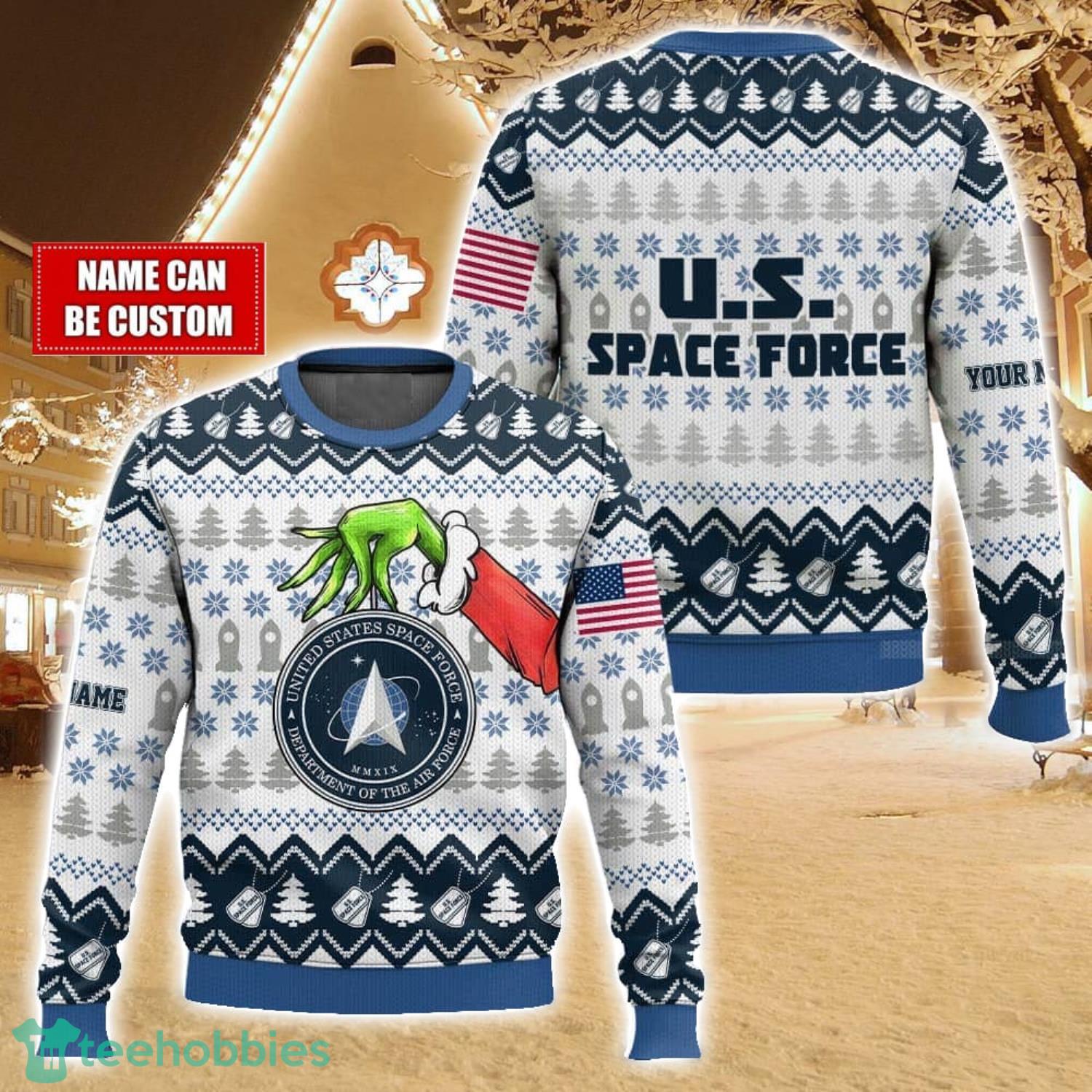Custom Name Hand Grinch x US Space Force Ugly Christmas Sweater Christmas Gift For Family Holiday Gift