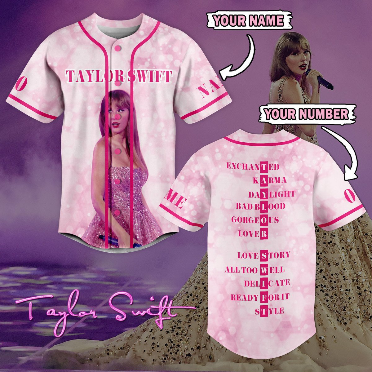 Customized Taylor Swift Dreamy Music Pink Baseball Jersey