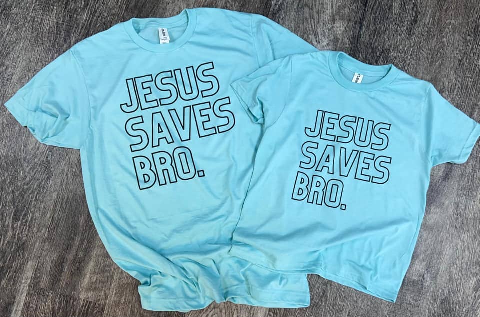 Jesus Saves Bro. On Tultex Heather Purist Blue Tee