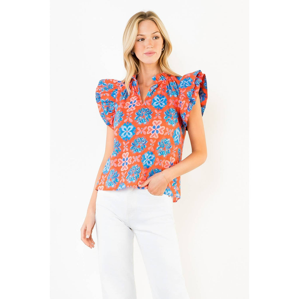Floral Print Ruffle Sleeve Top