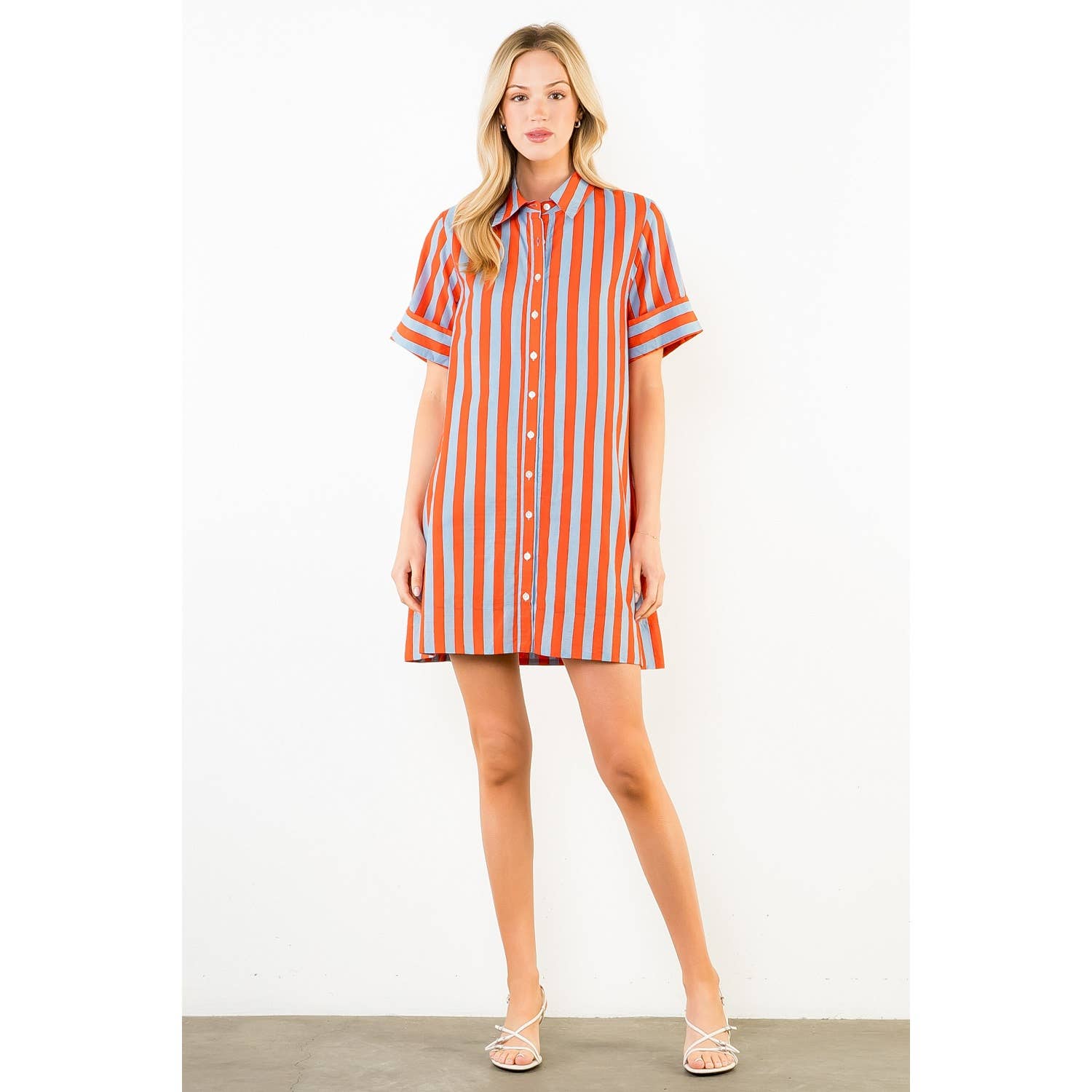 Short Sleeve Striped Button Up Dress