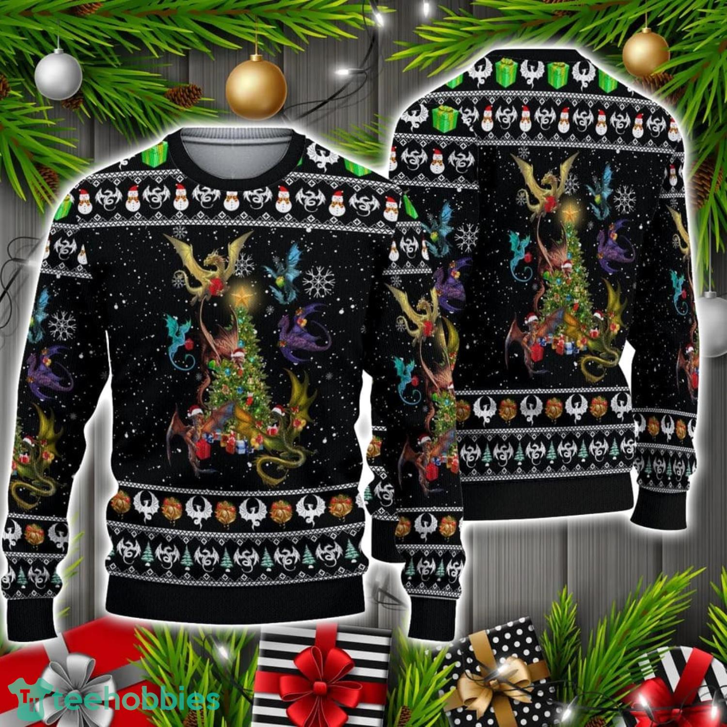 Dragon And Christmas Tree Ugly Sweater Christmas Holiday Gift