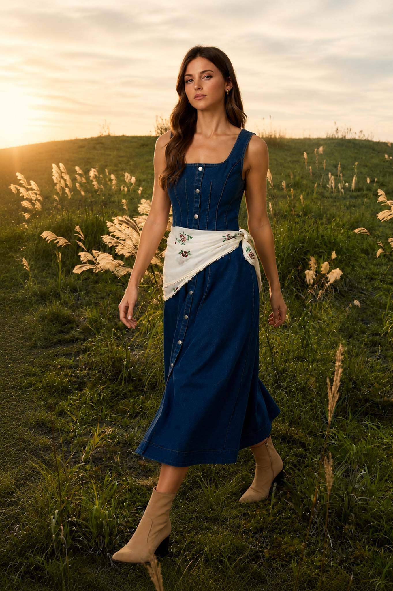 Button Down Seam Detail Denim Midi Dress