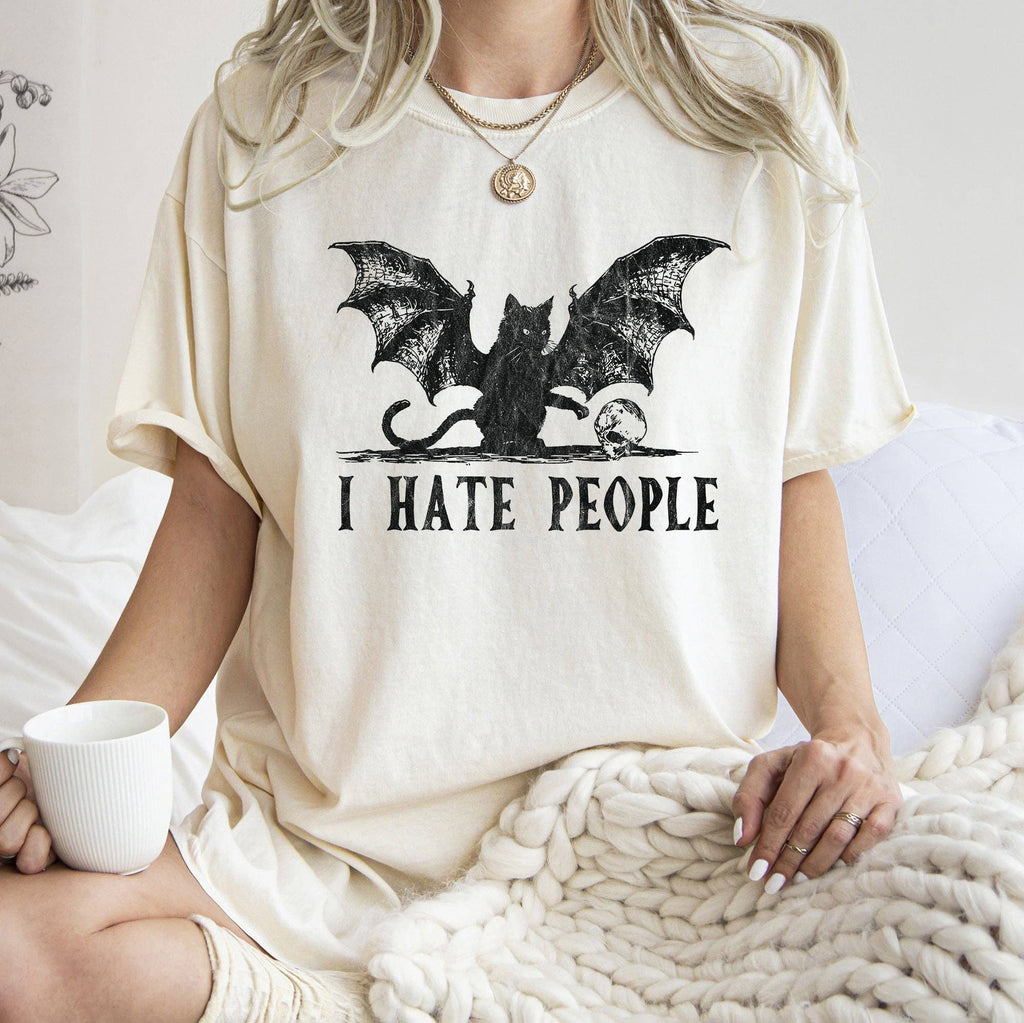 I Hate People Cat Bat Retro Halloween T-Shirt Black Print