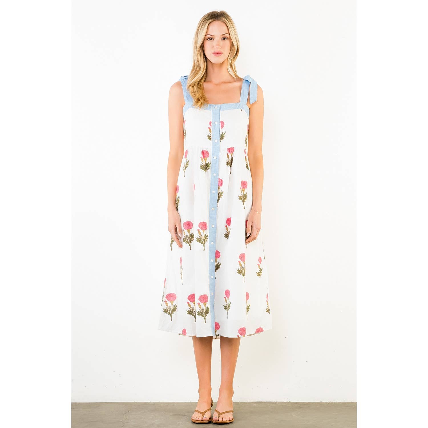 Tie Straps Floral Pattern Midi Dress