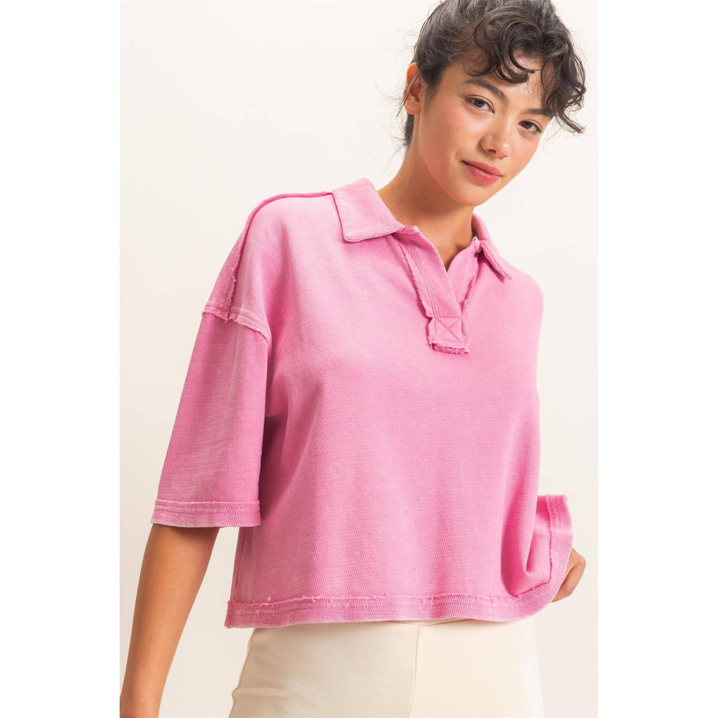 Mineral Wash Oversized Collar Short Sleeve Top