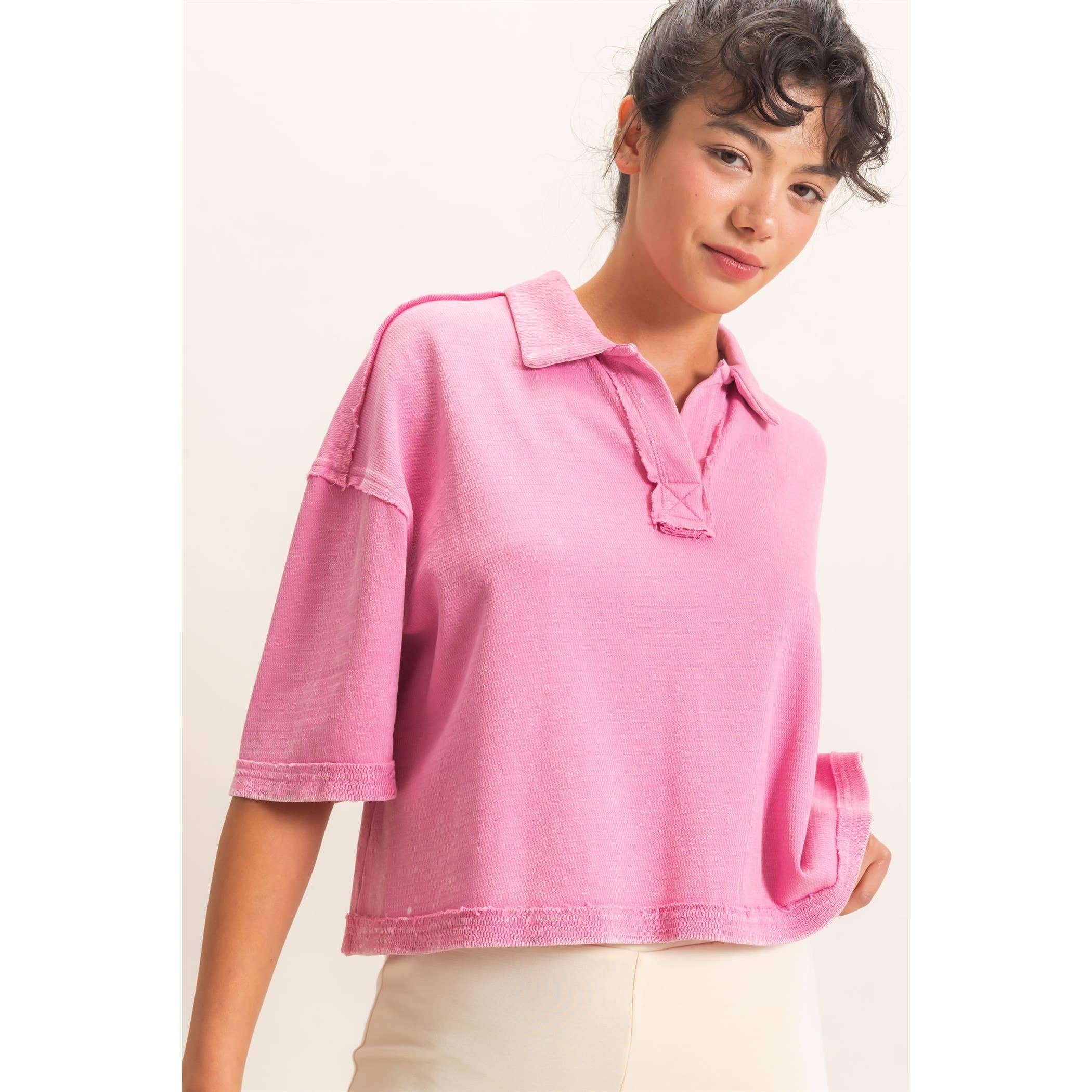 Mineral Wash Oversized Collar Short Sleeve Top