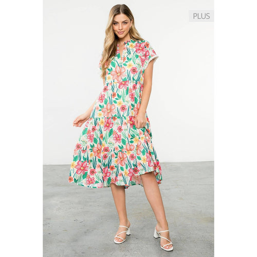 /Size Xl/ Short Sleeve Flower Print Tiered Midi Dress