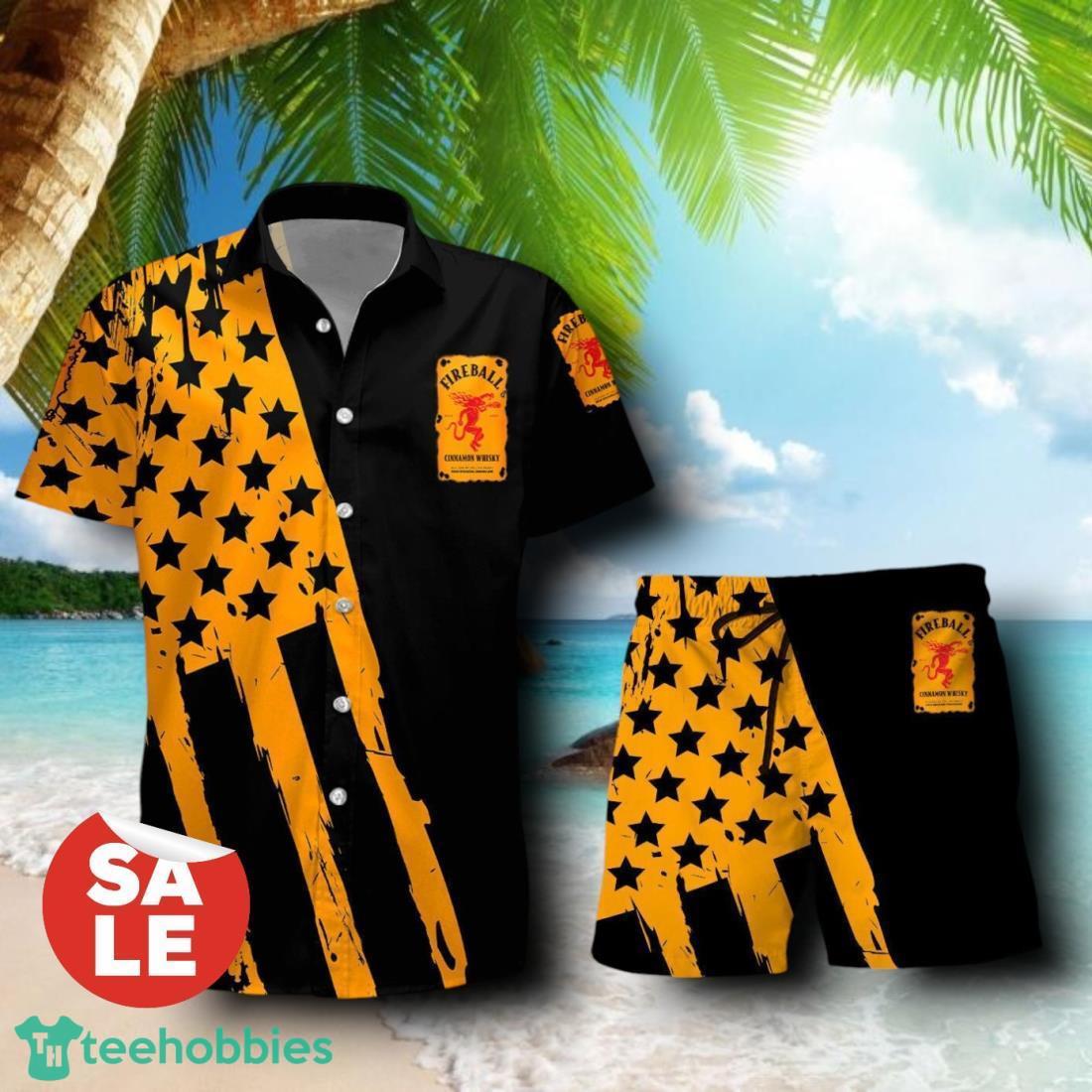 Fireball Cinnamon Whisky Whiskey USA Flag Combo Hawaiian Shirt & Shorts For Men Women