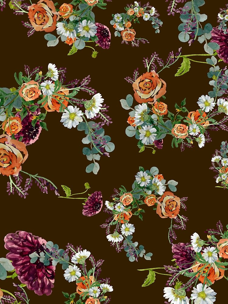 Dahlia red rose daisy pattern watercolor brown by Yana Mustafina | Boho Soulful Designs