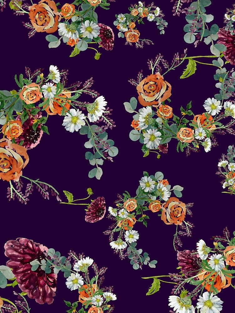 Dahlia red rose daisy pattern watercolor violet by Yana Mustafina | Boho Soulful Designs