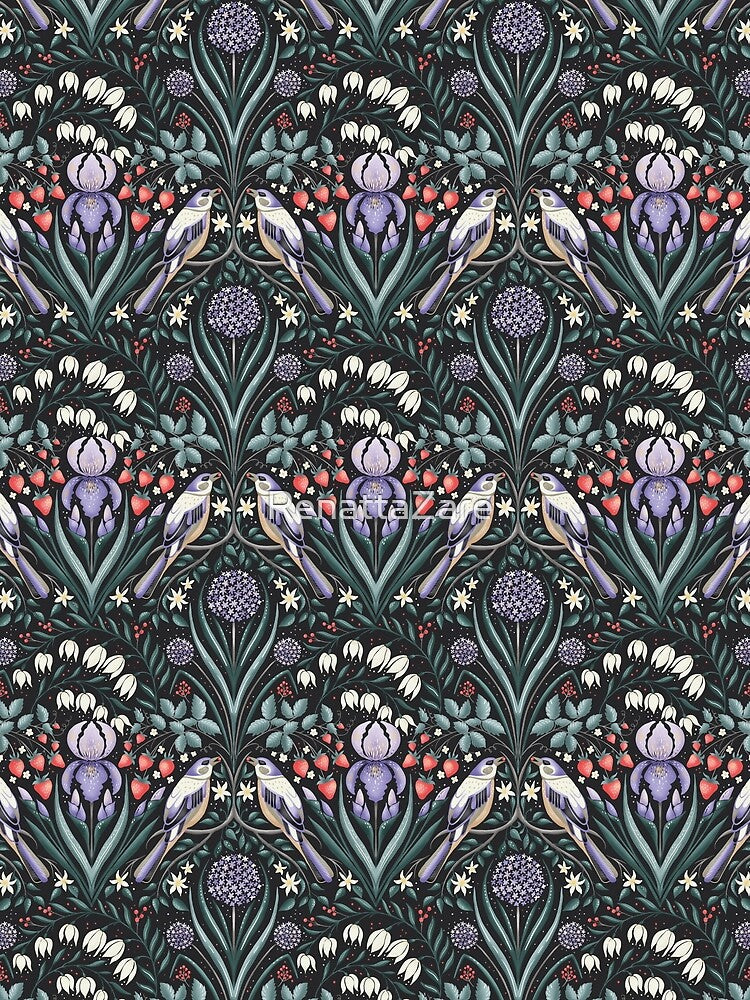 Magical garden with birds, iris and allium flowers -charcoal by RenattaZare