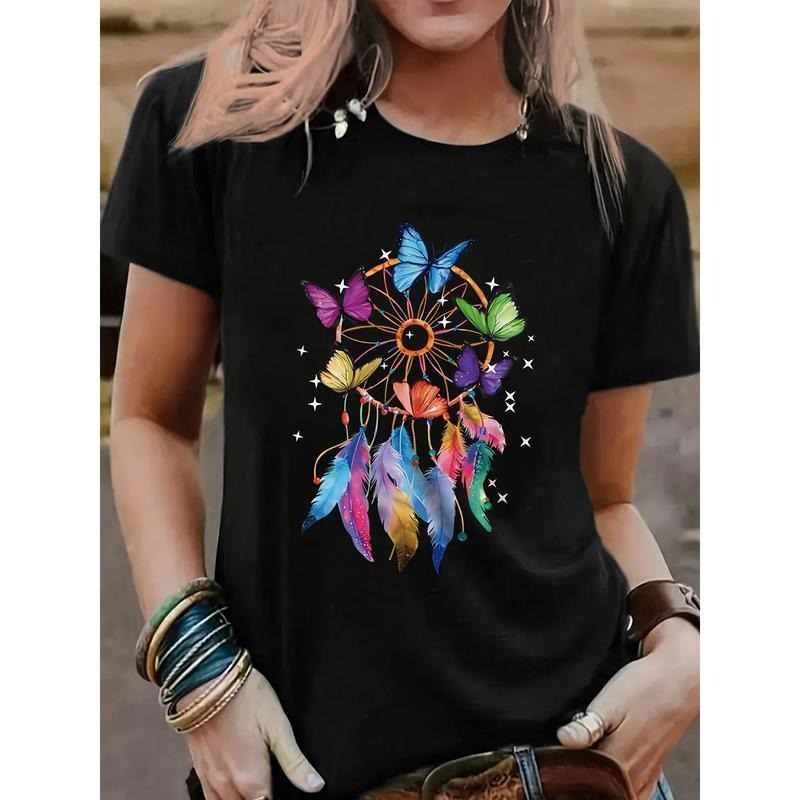 Butterfly Print Casual T-shirt, Polyester Blend Crew Neck Short Sleeve Tee for Women, Regular Fit, Spiky hair fighters...