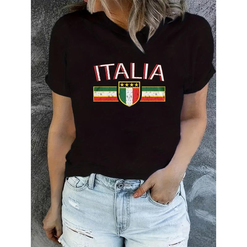 Women'WB shield Spring/Summer Casual Crew Neck T-Shirt, Polyester Knit Fabric, Regular Length, with Italy Flag Gunpla...
