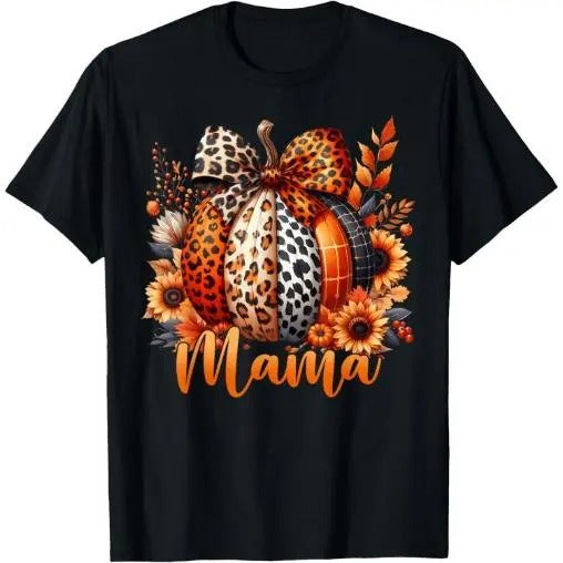 mama Thanksgiving Leopard Pumpkin Sunflower Coquette Bow T-Shirt Made in USA Hoodie, Sweatshirt | DripVista.com