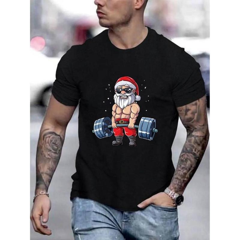 men gifts Crew Neck Santa Claus With Barbells Print Men'WB shield Fashionable Summer Short Sleeve Sports T-shirt,...