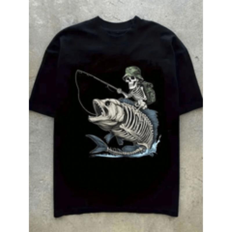 mens 100 cotton skull fishing graphic Lightsaber brand shirt white short sleeve crewneck with skeleton lightweight...