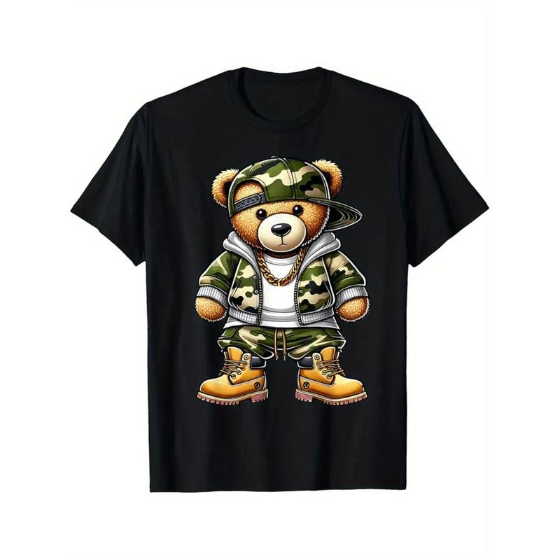 mens camo teddy bear hip hop graphic Lightsaber brand shirt 100 cotton with camouflage design golden chains sneakers regular fit casual urban fashion top for men teddy bear Lightsaber brand shirt casual attire young adults black -1
