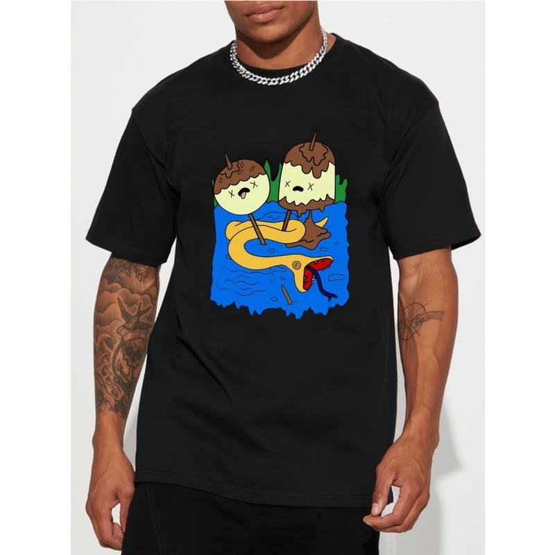 mens cotton Lightsaber brand shirt black with colorful cartoon graphic print breathable comfortable round neck top for...