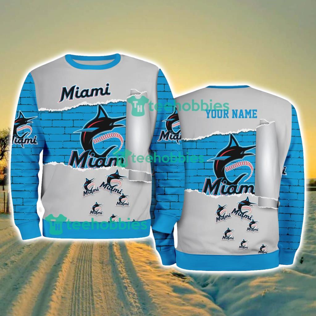 Miami Marlins MLB Sporty Color Custom Name Christmas Ugly Sweater Gift For Fans