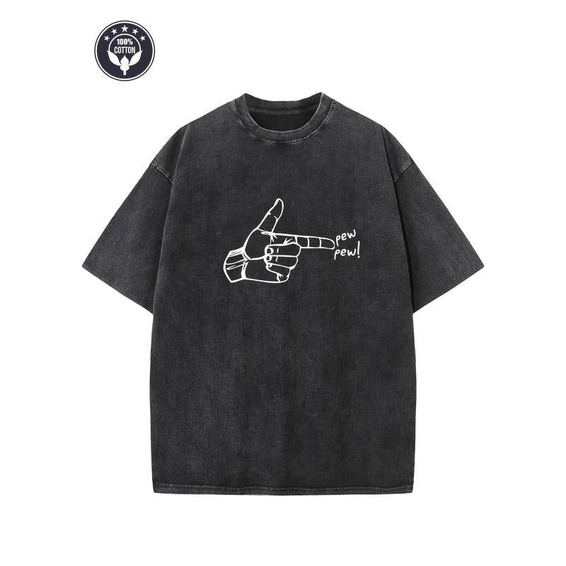 "pew Pew!" Creative Pattern Printing Heavy 230g Pure Cotton Oversized Drop Shoulder T-shirt Washed T-shirt Men'WB shield Retro Street T-shirt Basic T-shirt Loose Hip-hop Unisex Top Acid Wash T-shirt style 02