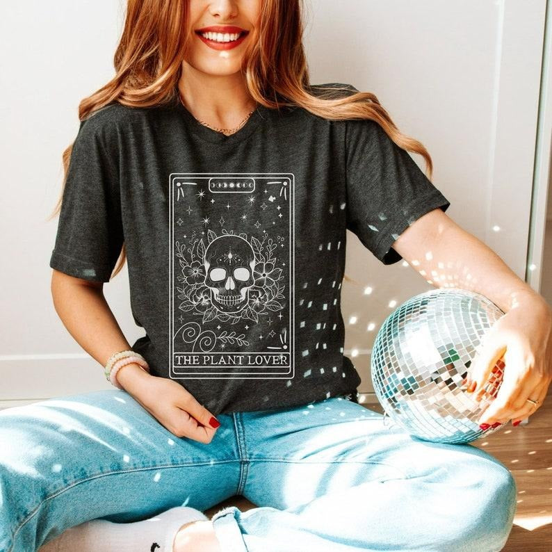 plant lover tarot card shirt, teacher librarian t-shirt gift, literary nature tee, trendy present, aesthetic clothes,...