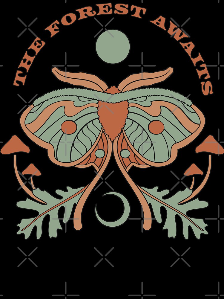 The Forest Awaits. Moth illustration with mushrooms, leaves and text by Blume-Corner