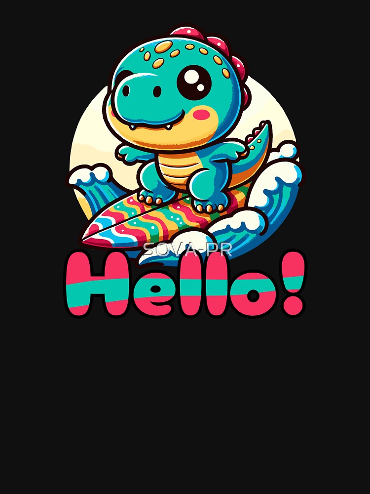 Cute Kawaii Dinosaur Surfing Funny T-shirt by SOVA-PR