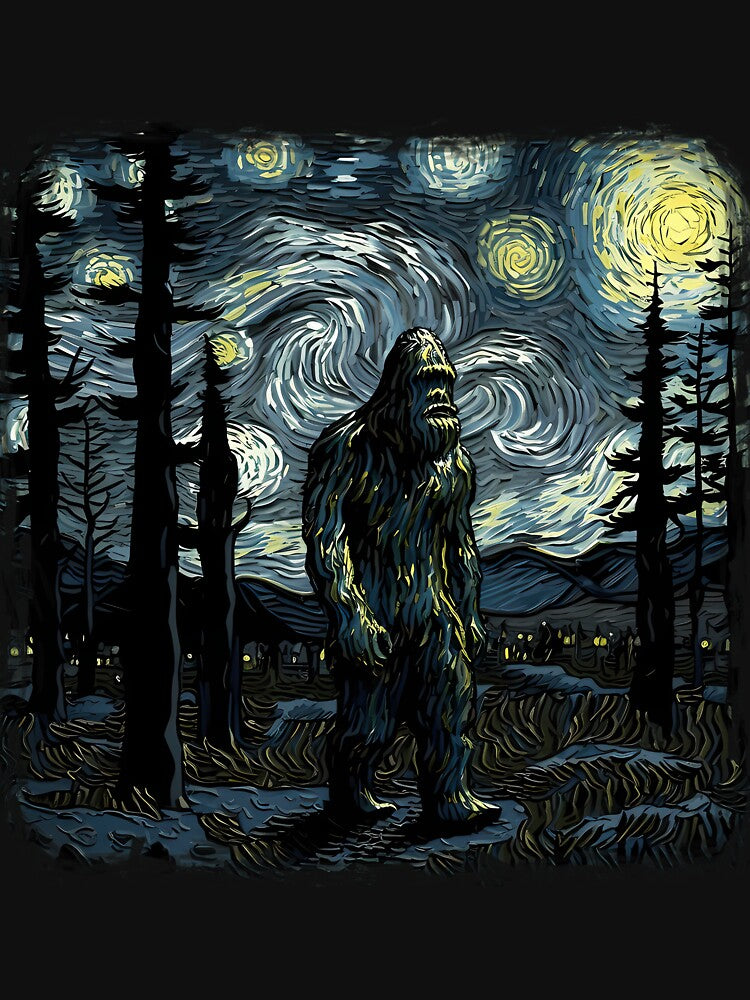 Bigfoot Starry Night Sasquatch Van Gogh Sky Painting Art Long Sleeve by GreggRoss