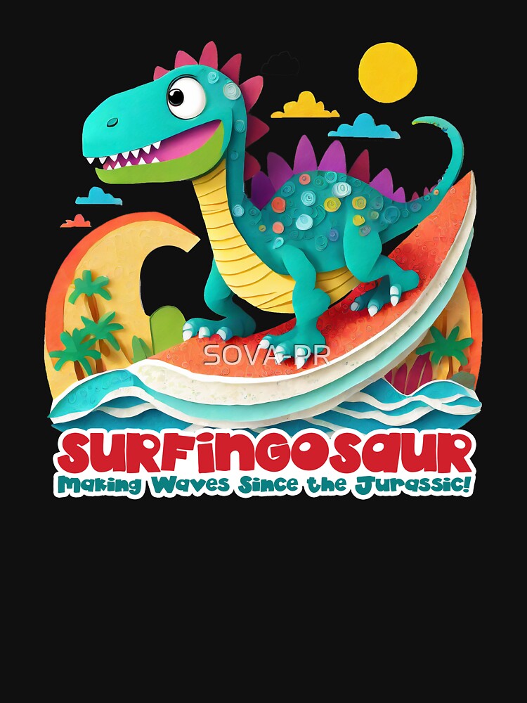 Dinosaur Surfing Funny T-shirt by SOVA-PR