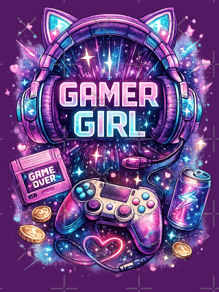 Neon Gamer Girl – Retro Gaming Aesthetic with Cat Ear Headphones by ProDesigns-KM