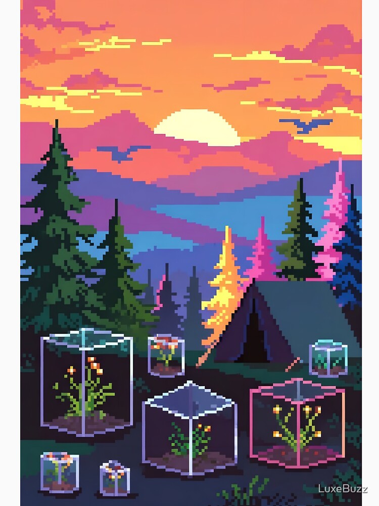 Retro Pixel Sunset Camp with Mini Terrariums by LuxeBuzz