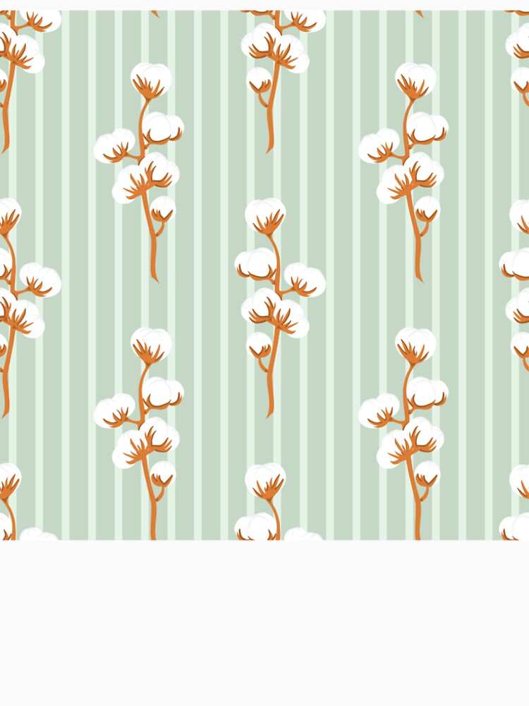 Hand drawn branch of cotton flower plant on striped green seamless pattern by Familyshmot
