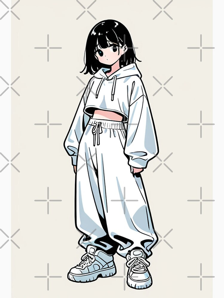 Fashion - Girl in White Crop Hoodie Baggy Pants Chunky Sneakers Variant 2 by AnimeShin