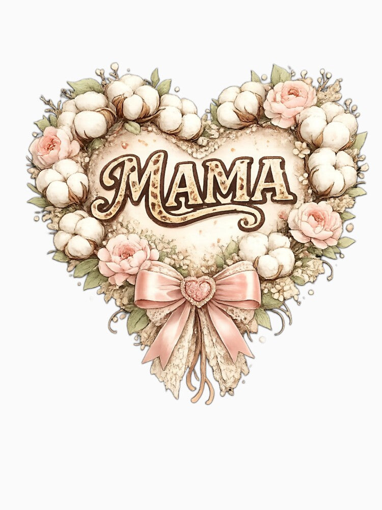 Mama Heart Floral - Rustic Cotton and Pink Roses Farmhouse Style by Lozarux