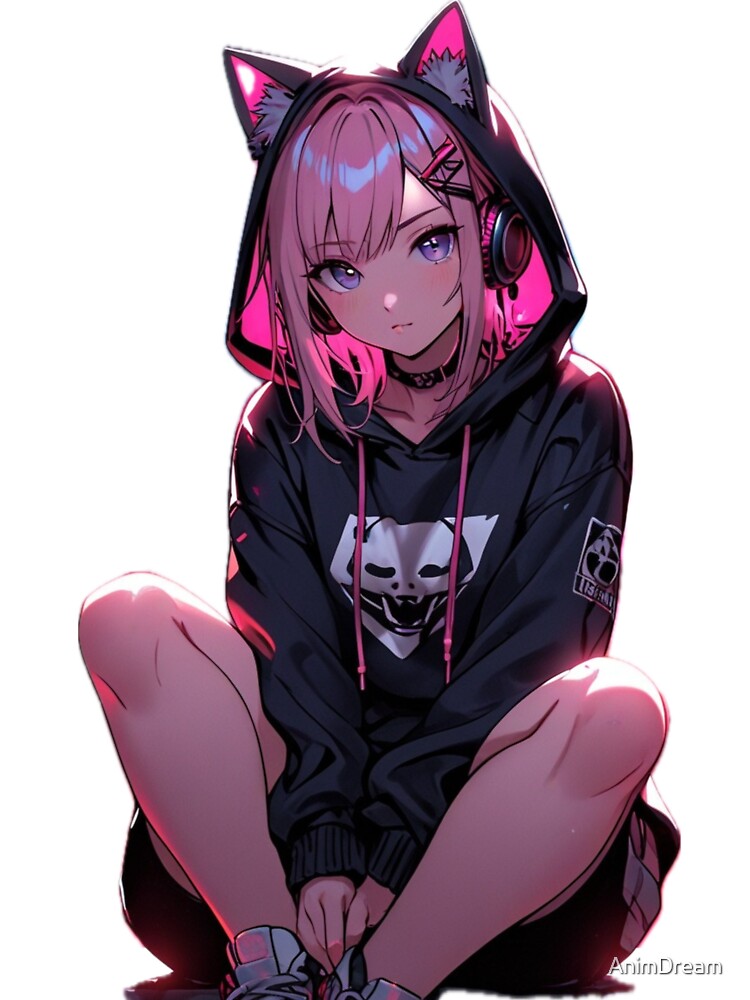 Dark Neon Anime Catgirl Hoodie by AnimDream